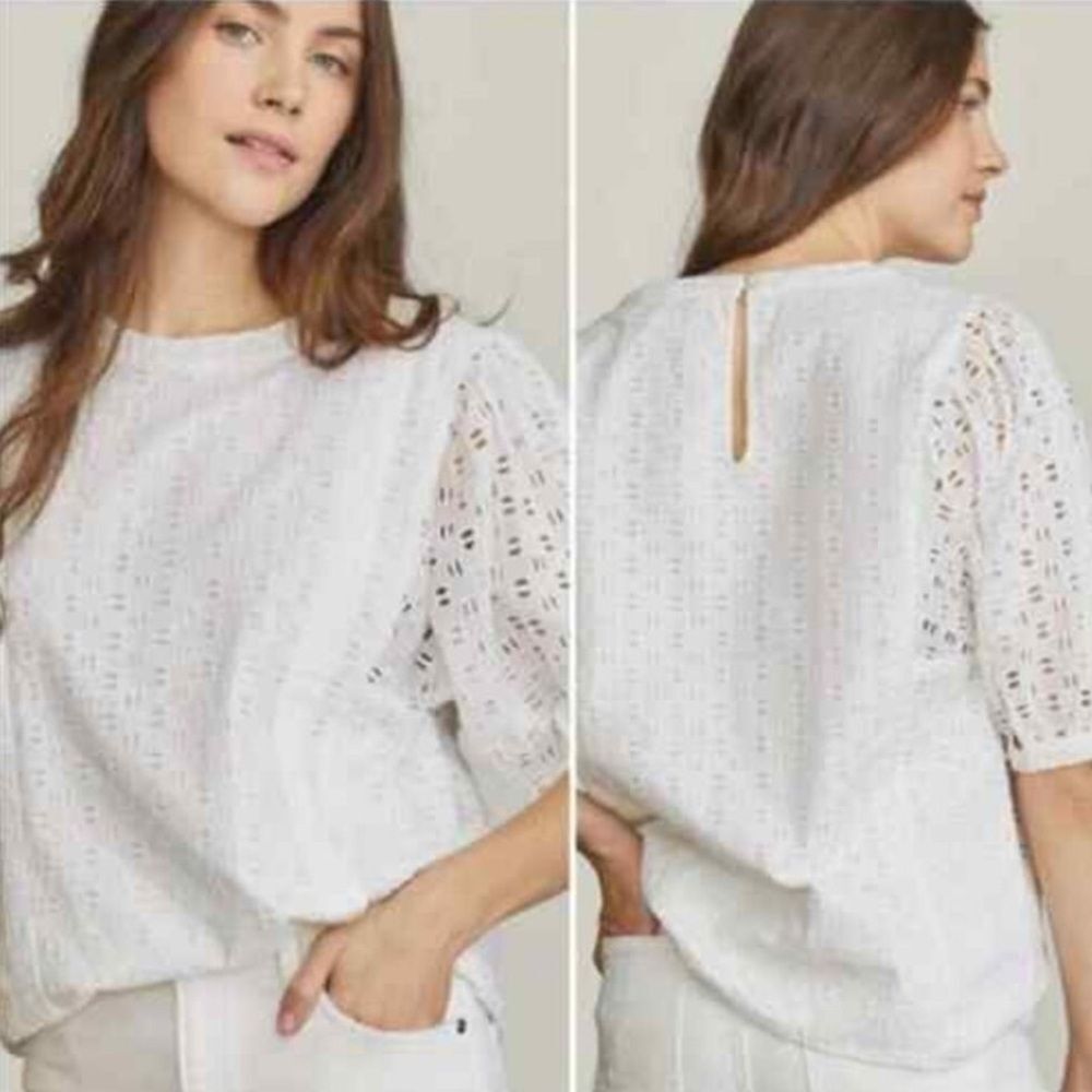 Elizabeth amd James White Eyelet Puff Sleeves Top Coquette Boho Scandi Medium